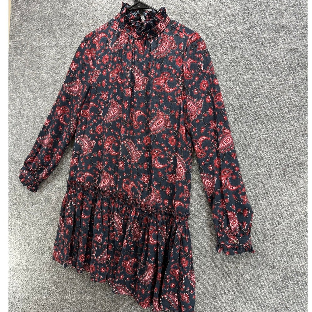 La Vie Rebecca Taylor Navy Red Paisley Ruffle Neck Drop Waist Mini Dress Small - Picture 4 of 12